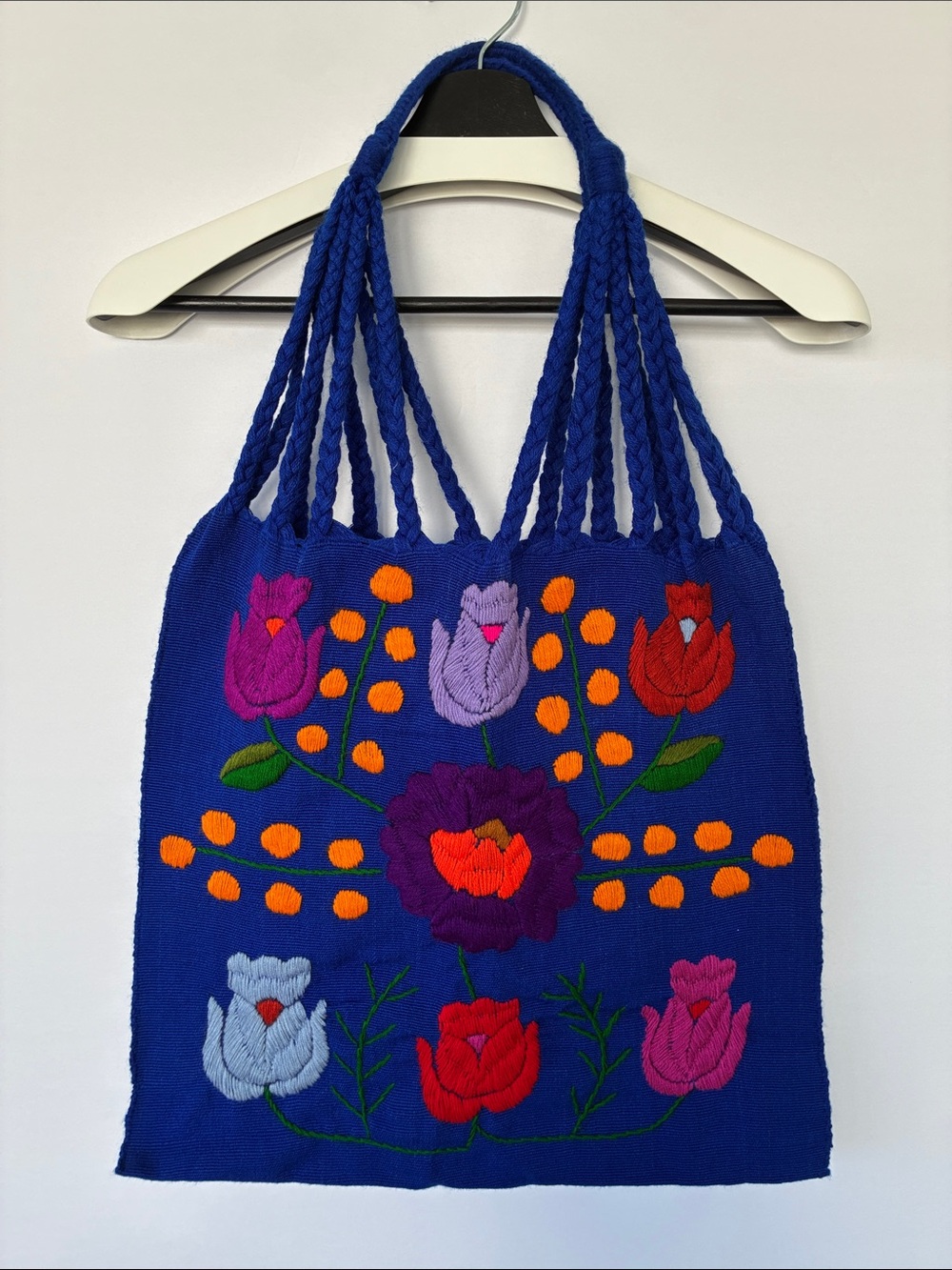 Embroidered Blue Handwoven Floral Tote Bag  Farmers Market Book Club